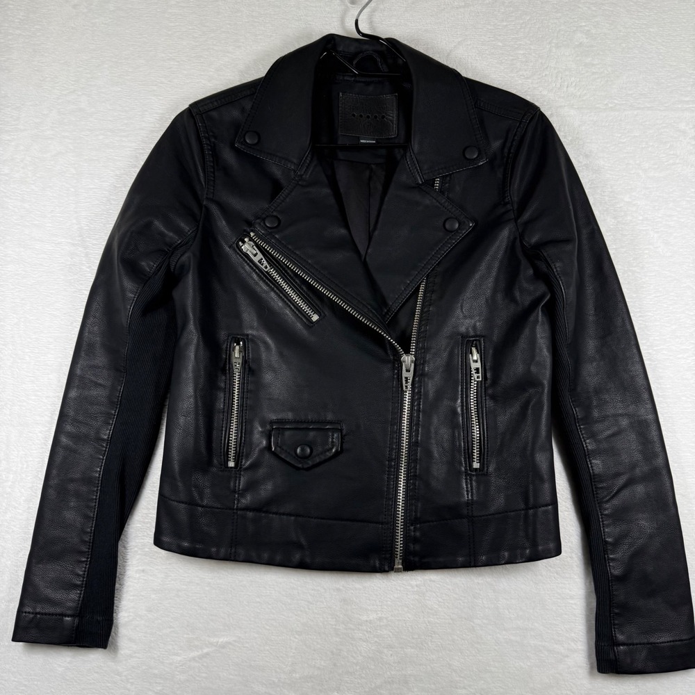 BlankNYC Women Black Faux Leather‎ Moto Jacket Ribbed Panels 72IK5179AP Small